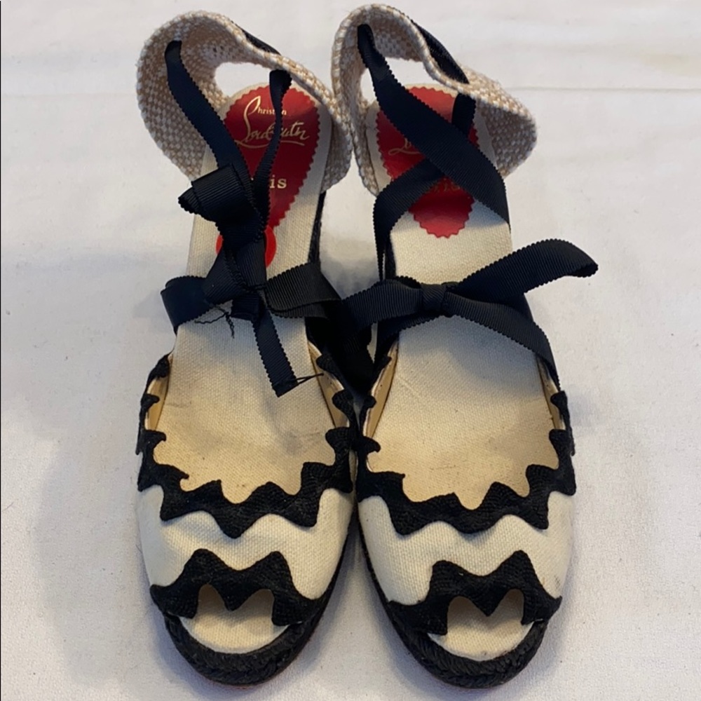 Christian Louboutin black & white peep toe wedge